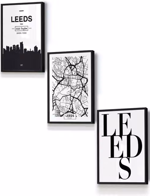 ARTZE Leeds Skyline Street Map City Print Framed Wall Art, Black, W: 33 cm, H: 45 cm, D: 20 mm