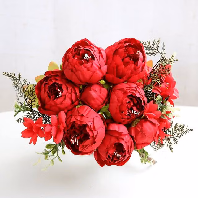 YnysTec 13 Heads Silk Peony Artificial Flower Bouquet in Red for Wedding and Home Decor