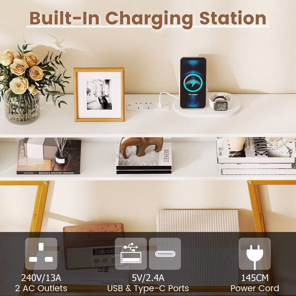 Costway 3-Tier Industrial Console Table with LED Light and Charging Station in White – 2