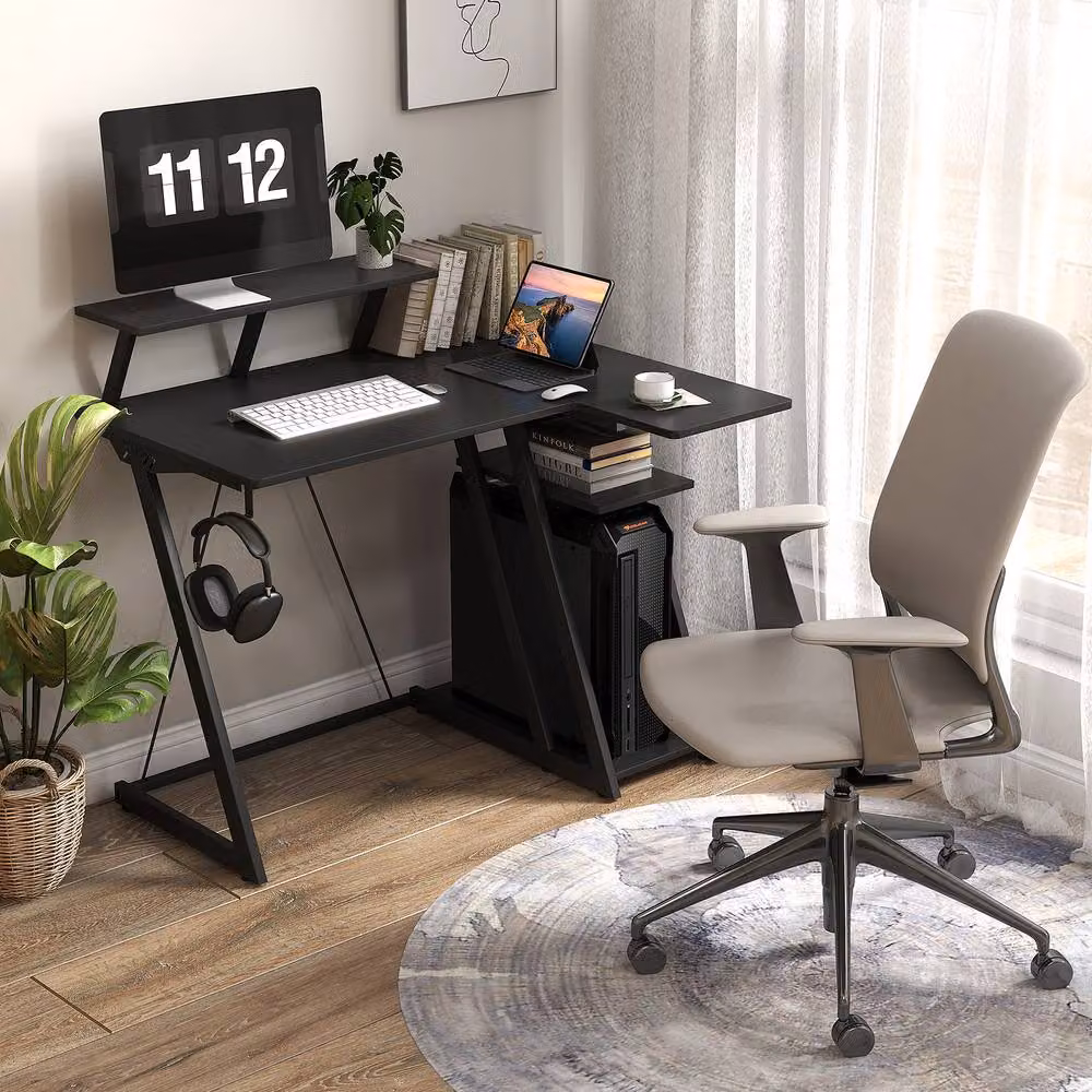 Costway L-Shaped Gaming Desk in Black with USB Ports and Outlets – 3
