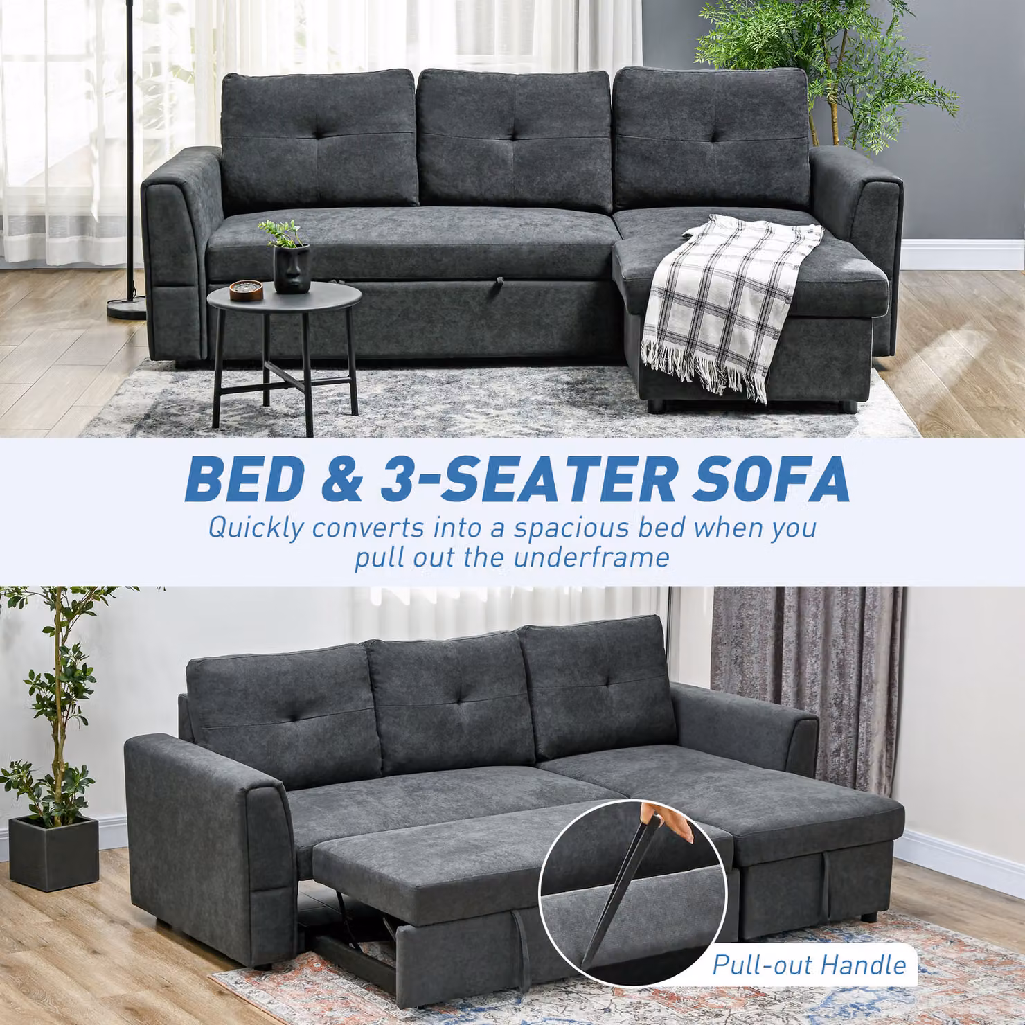 HOMCOM 3 Seater Corner Sofa Bed with Storage in Dark Grey – 4