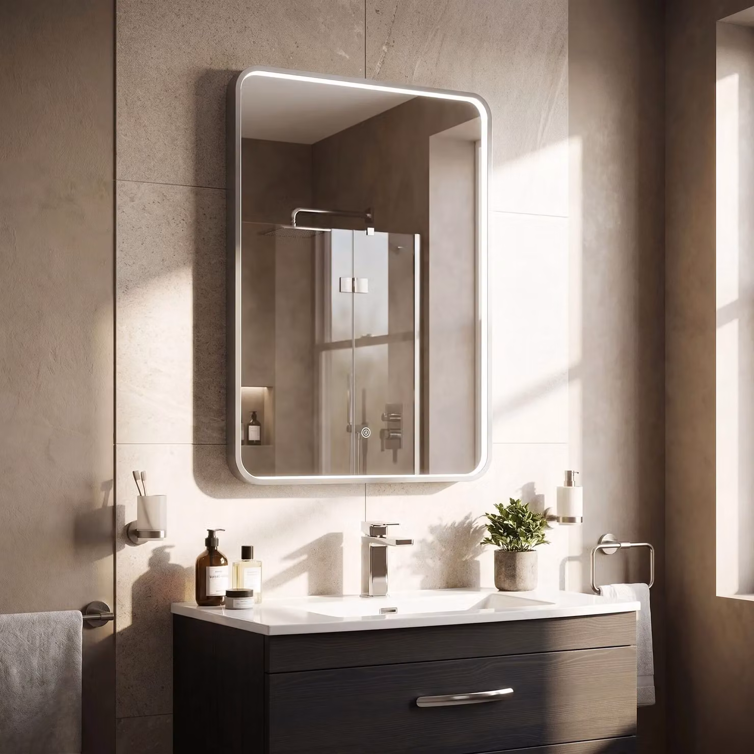 Balterley Rectangular LED Bathroom Mirror with Touch Switch and Demister Pad, Silver – 3
