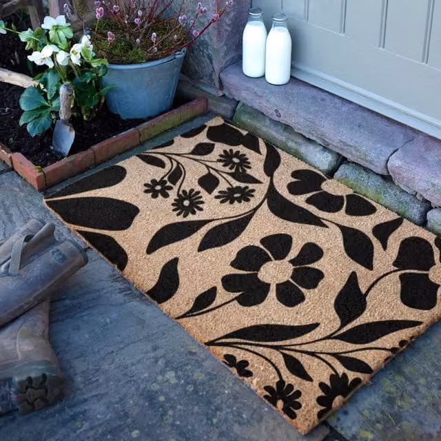 Artsy Mats Black Floral Pattern Coir Doormat, Brown, W: 90 cm, D: 60 cm – 1