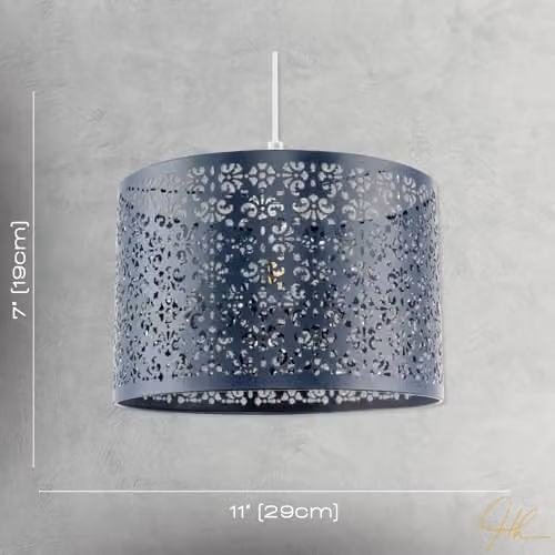 Happy Homewares Moroccan Blue Metal Circular Pendant Light Shade with Floral Decoration, Diameter: 29 cm – 3