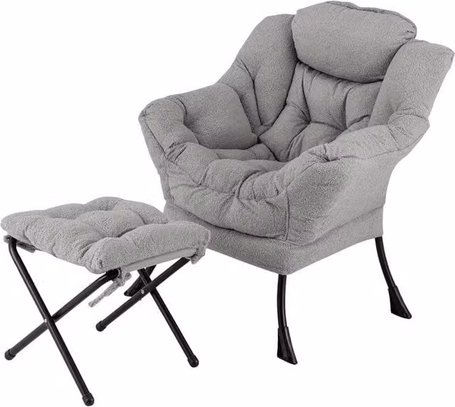 Gymax Modern Grey Bouclé Accent Chair with Ottoman and Folding Footrest – 1