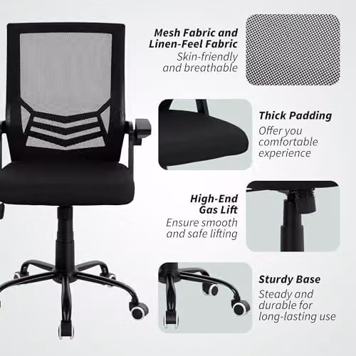 VINSETTO Modern Fabric Swivel Task Chair with Armrests and Castors, Black – 6