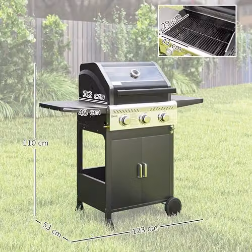 Outsunny 3 Burner Propane Gas BBQ Grill with Thermometer and Warming Rack, Black – 7