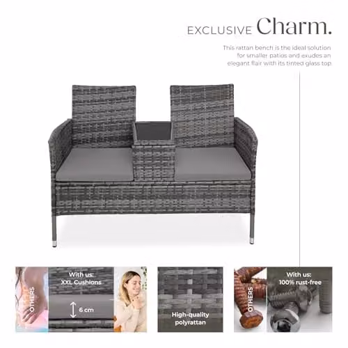tectake Poly Rattan Outdoor Bench with Integrated Table and Cushions, Grey, W/D/H: 133 x 63 x 84 cm – 3