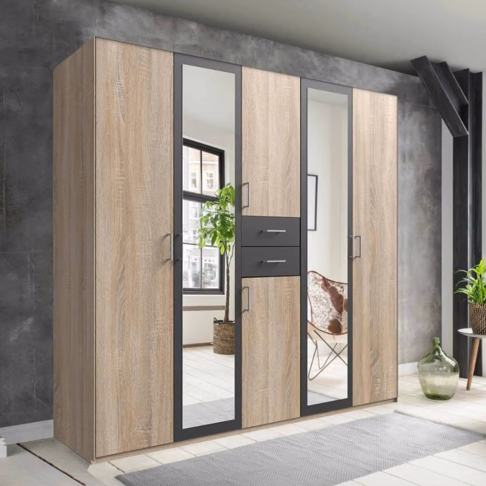 KDMD Diver Oak and Graphite 5 Door Wardrobe with Mirror in Brown and Grey, Width: 225 cm – 2