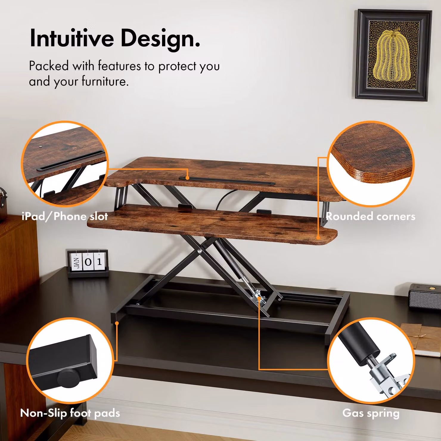 VonHaus Height Adjustable Standing Desk Converter with Keyboard Shelf in Dark Brown and Black – 5