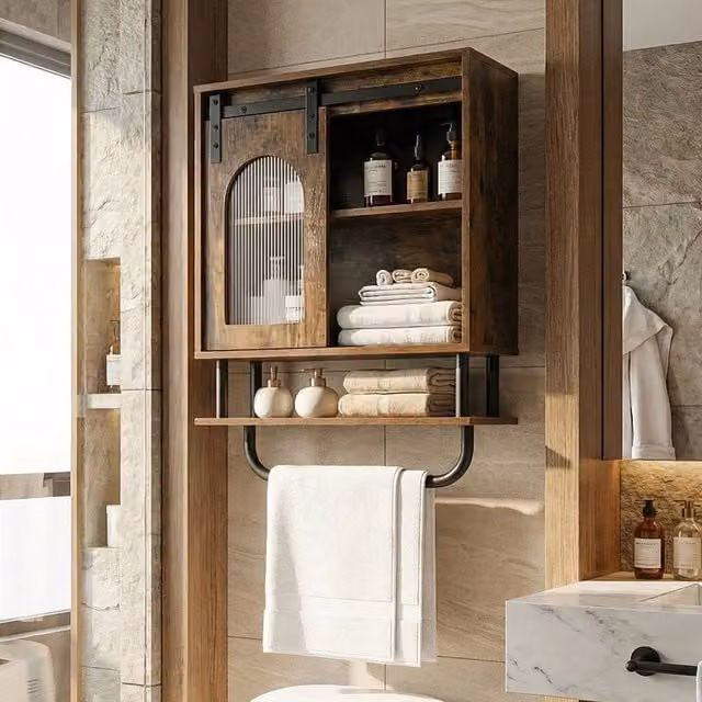 EONLION Industrial Brown Wall Mounted Bathroom Cabinet with Glass Sliding Doors and Internal Shelves – 1