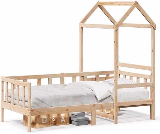 Berkfield Home Solid Wood Childrens Day Bed with Roof in Tan, W/D/H: 200 x 80 x 80 cm