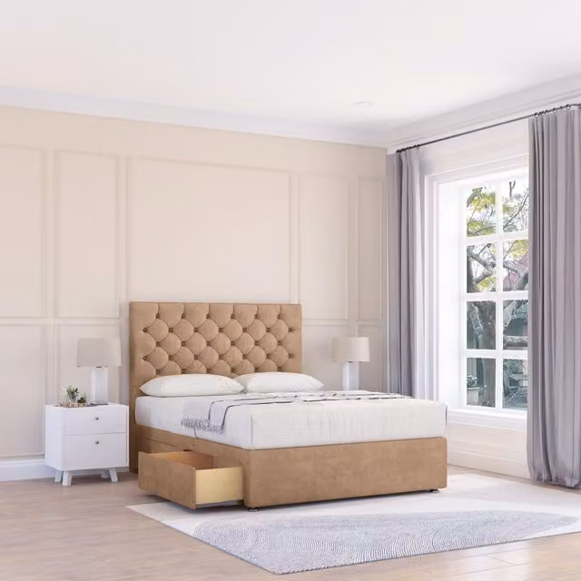 Sloomy Mayfair Upholstered Chesterfield Divan Bed Base with 2 Drawers and Floor Standing Headboard, Beige, W/D/H: 140 x 200 cm
