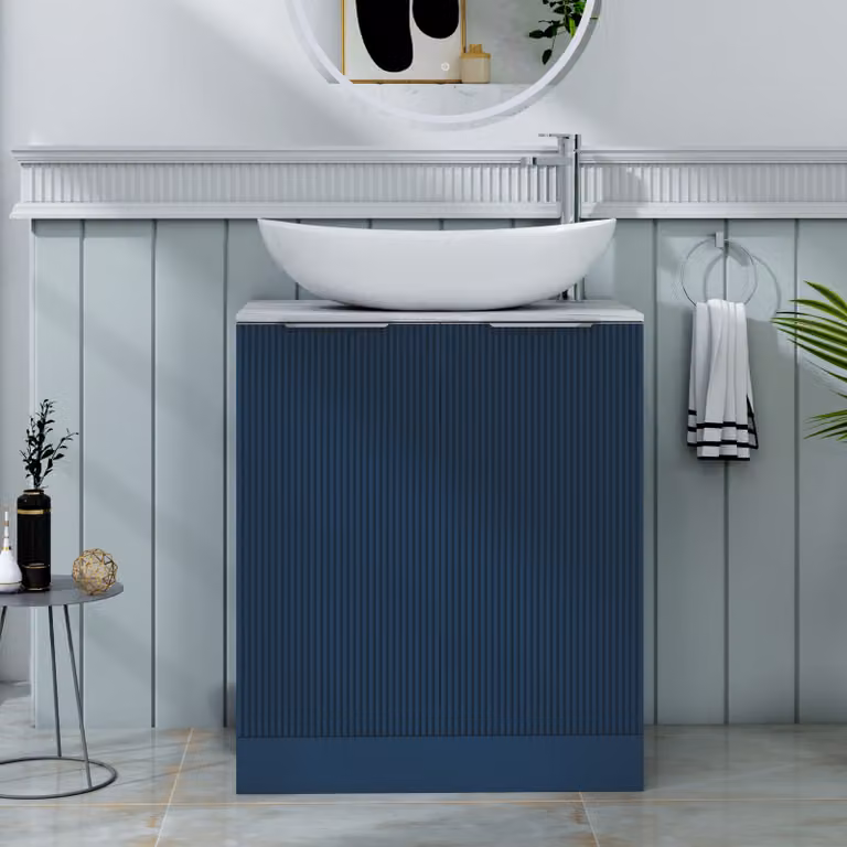 Royal Bathrooms Evora Midnight Blue Fluted Floor Standing 2 Door Vanity Unit with Cesar Basin and Internal Shelves