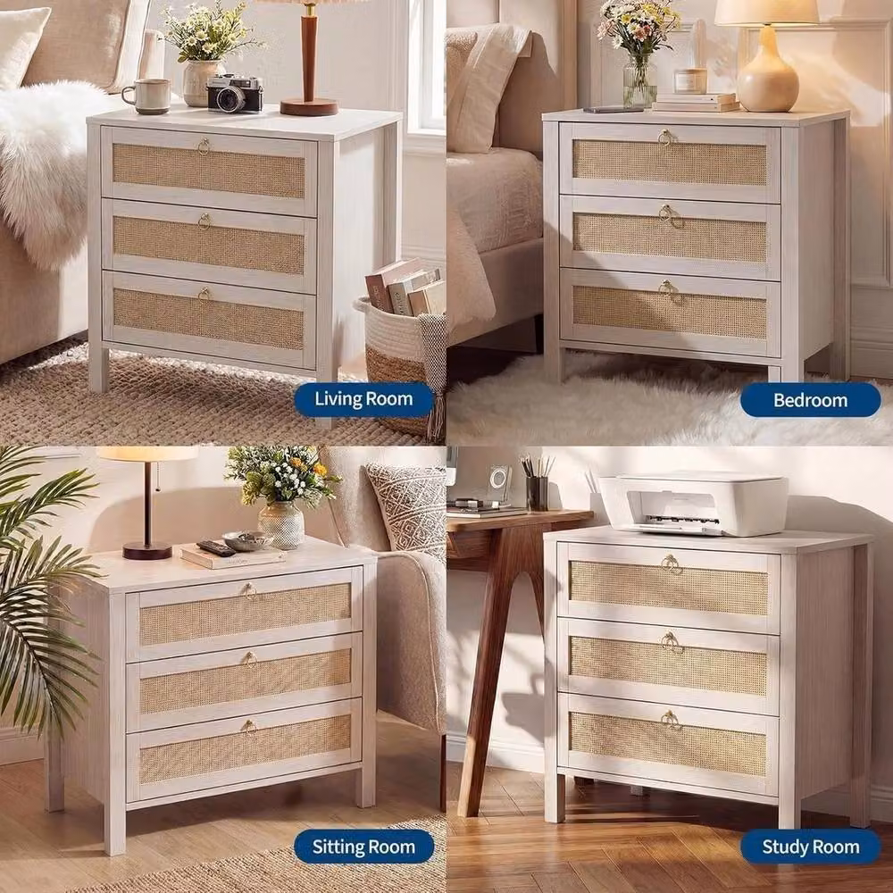 Nordara White Rattan 3-Drawer Nightstand with Gold Handles – 4