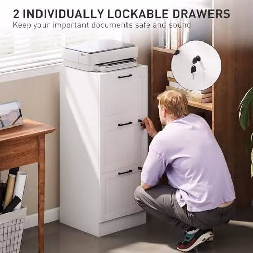 HOMCOM 3 Drawer Lockable File Cabinet in White for A4 and Letter Size Folders, W/D/H: 40 x 40 x 101 cm – 4