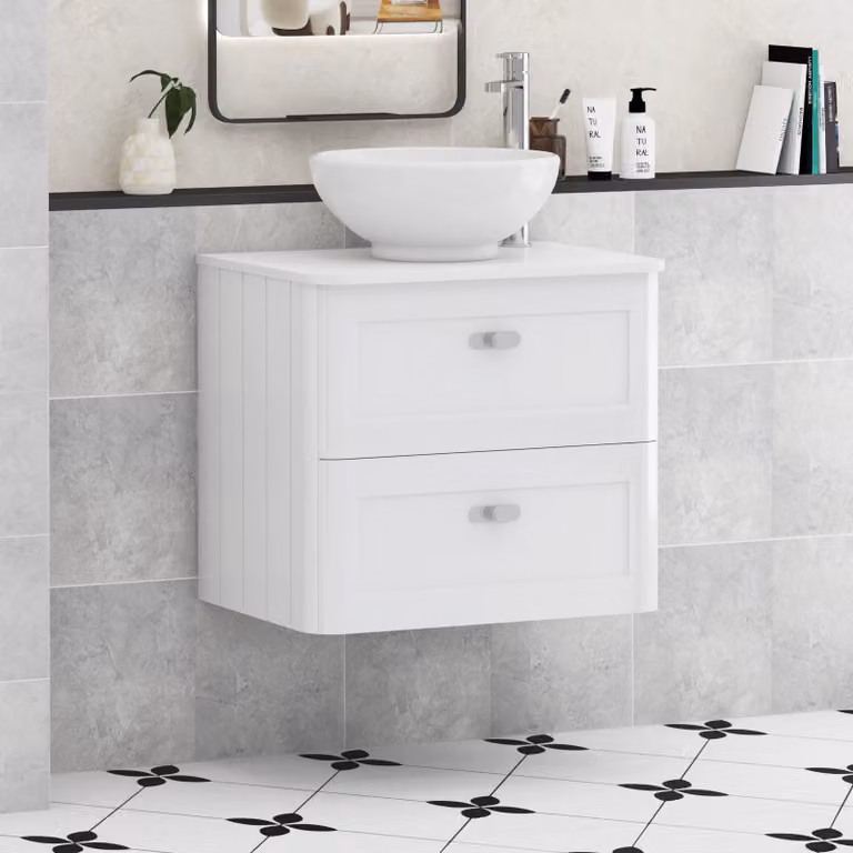Royal Bathrooms Henley 600mm Gloss White Wall Hung 2 Drawer Vanity Unit with Plain White Worktop, Breeze Basin and Chrome Knob