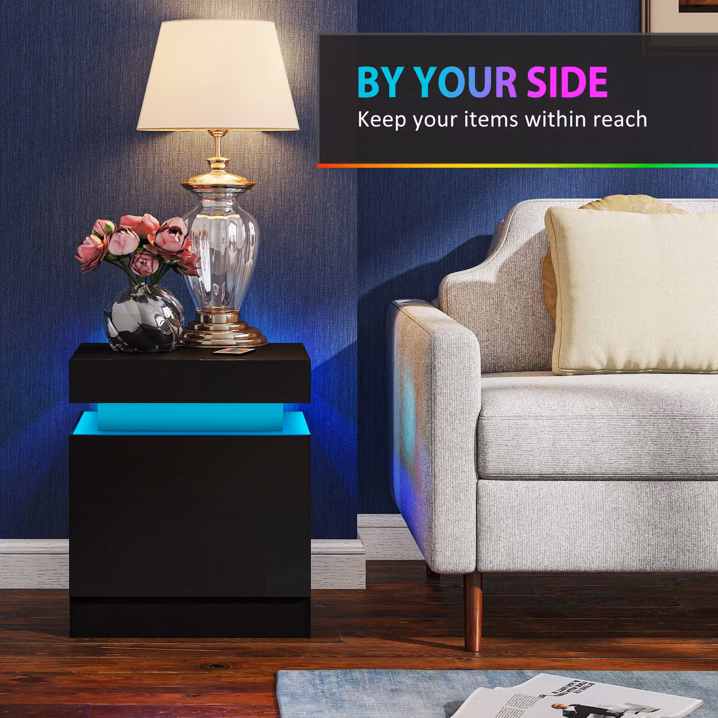 HOMCOM Set of 2 Black High Gloss Bedside Tables with Integrated LED Light and 2 Drawers – 5
