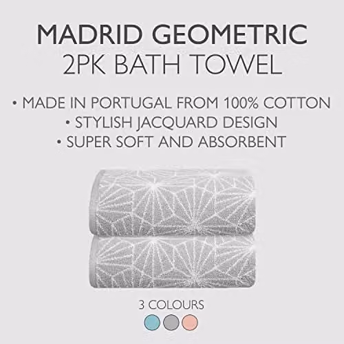 Allure Bath Fashions Pack of 2 Geometric Design Cotton Bath Towels, Grey, W: 70 cm, L: 125 cm