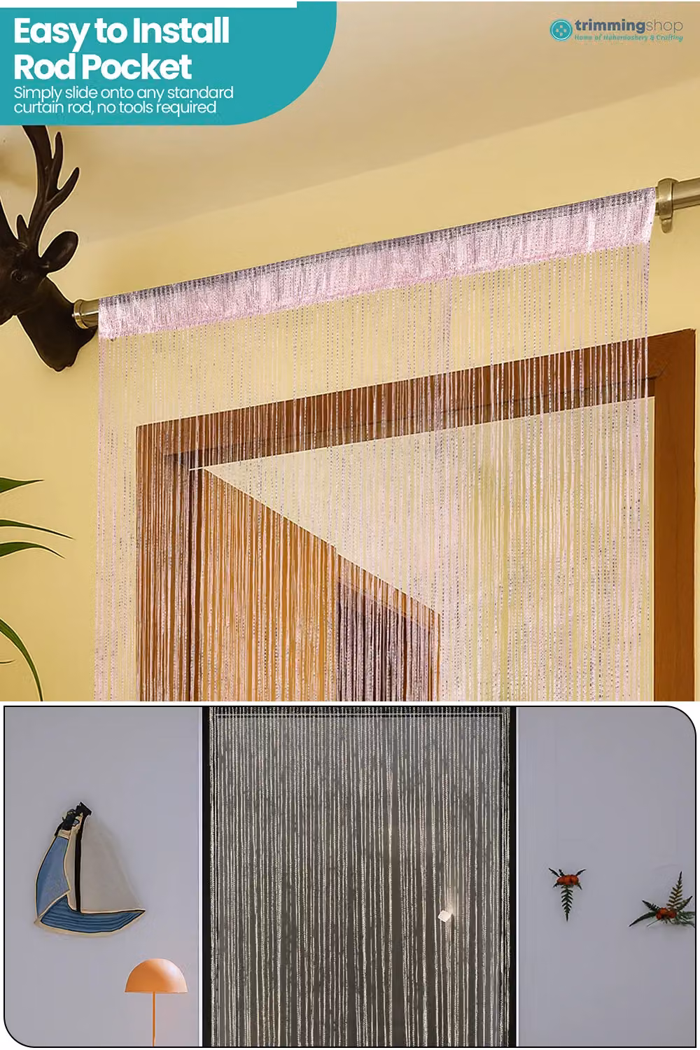 Neel Blue Glitter String Curtain Panel in Ivory and Pink, W: 100 cm, H: 200 cm – 2