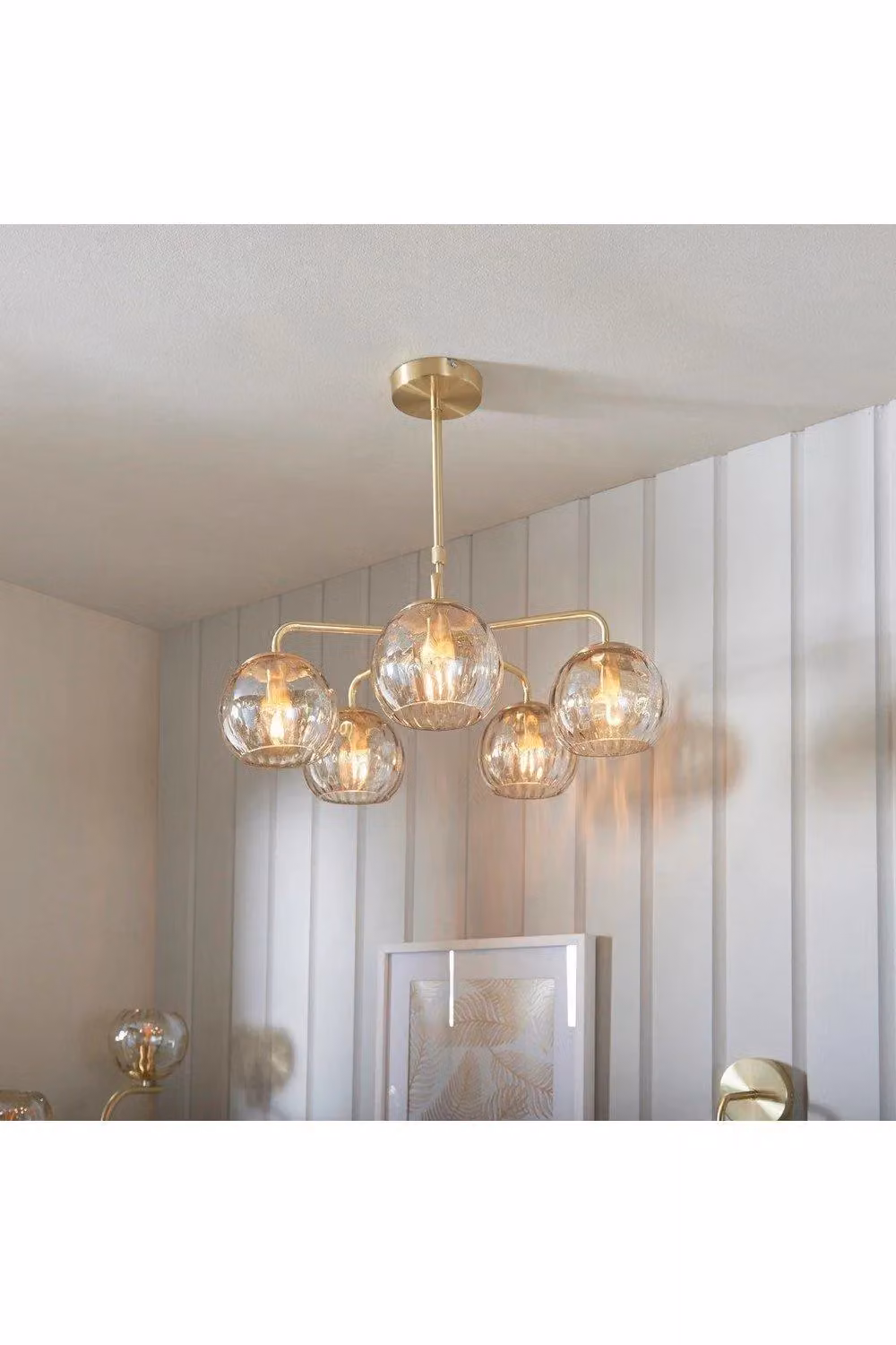Netlighting Dimple Multi Arm Glass Pendant Light in Gold and Satin Brass with Champagne Lustre Glass – 2