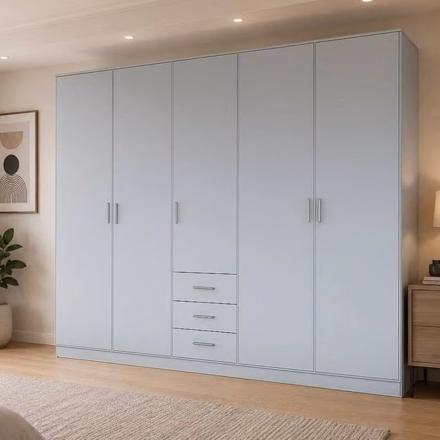 KDMD Chelsea Grey 5 Door Wardrobe with 3 Integrated Drawers, H 185 x W 200 x D 50 cm – 1