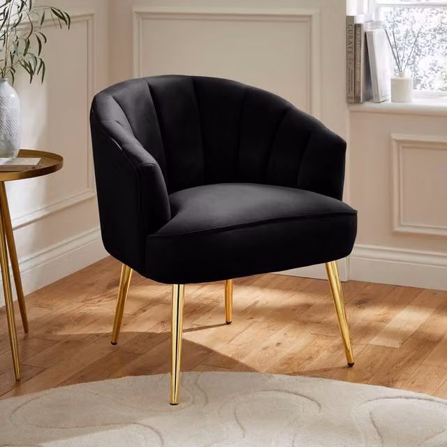 GFW Pettine Art Deco Velvet Chair in Black with Gold Metal Frame