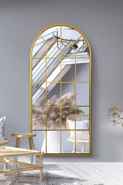 MirrorOutlet Arcus Gold Metal Arched Window Leaner or Wall Mirror, H 180 x W 85 cm