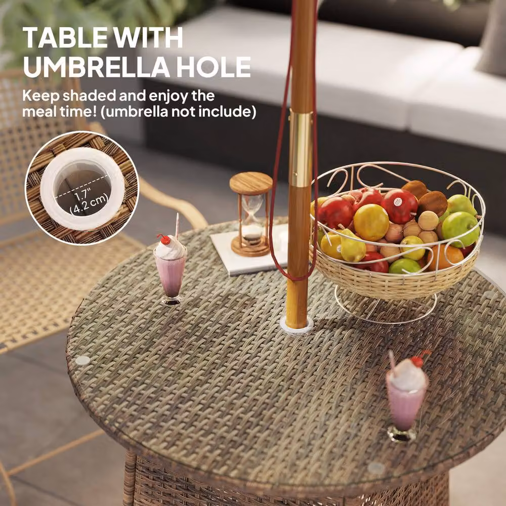 ERGOVEXA Brown Round Polyrattan Wicker Garden Table with Glass Top – 7