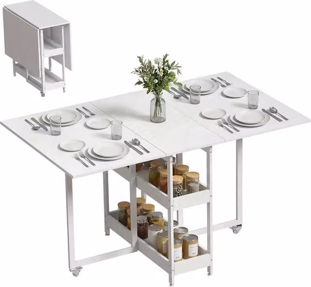 ERGOVEXA Four-Person White Drop Leaf Dining Table with Castors