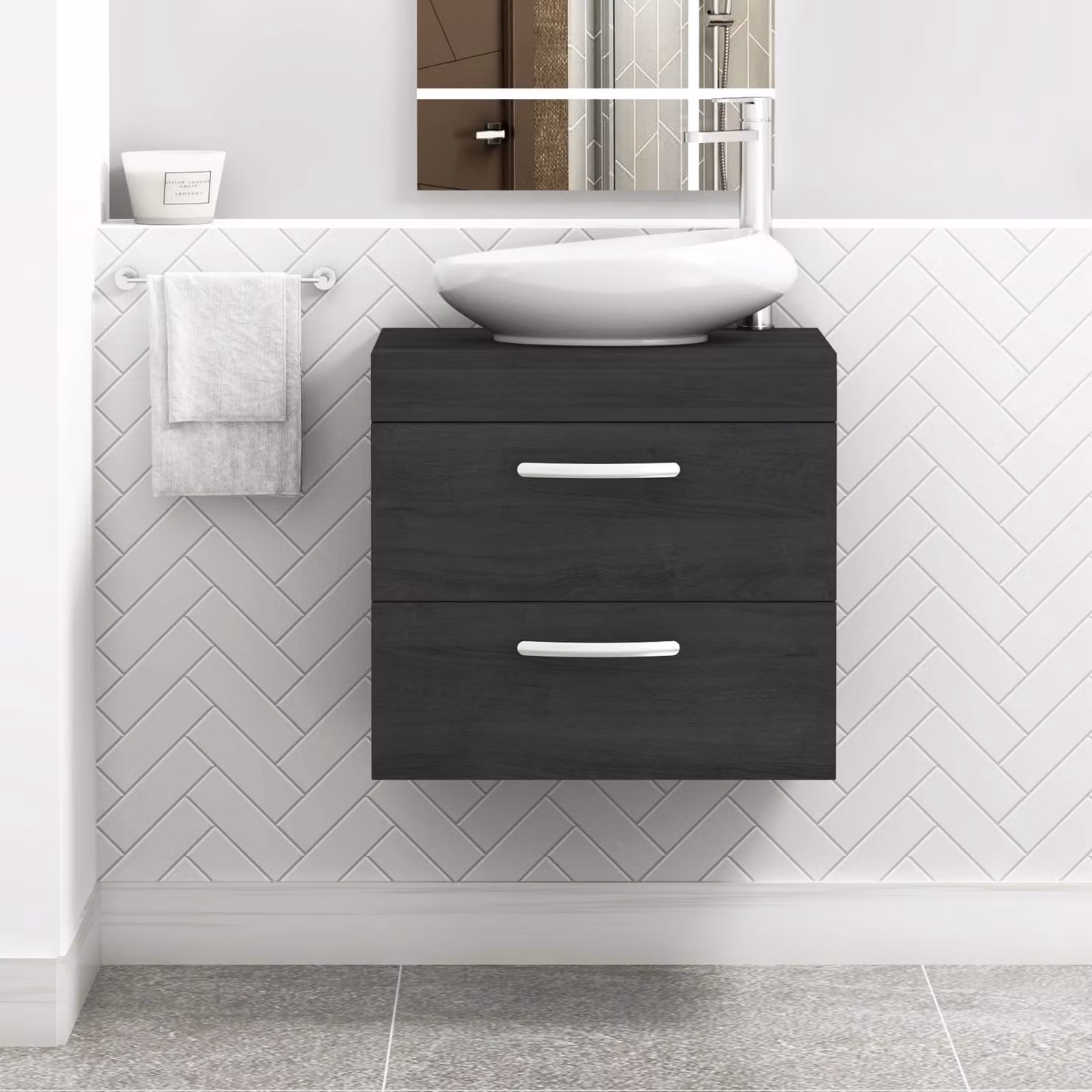 Nova Turin 600mm Wall Hung Vanity Unit with 2 Drawers and Countertop Basin in Hale Black by Royal Bathrooms