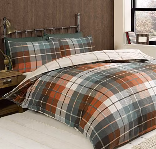 Rapport Home Lomond Check Brushed Cotton Flannelette Duvet Set and Pillowcase, Terracotta Multicolour, W/D/H: 135 x 200 cm and 50 x 75 cm – 2
