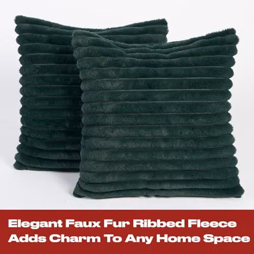 OHS Pack of 2 Faux Fur Ribbed Cushion Covers in Green, W/D/H: 45 x 45 x 45 cm – 2