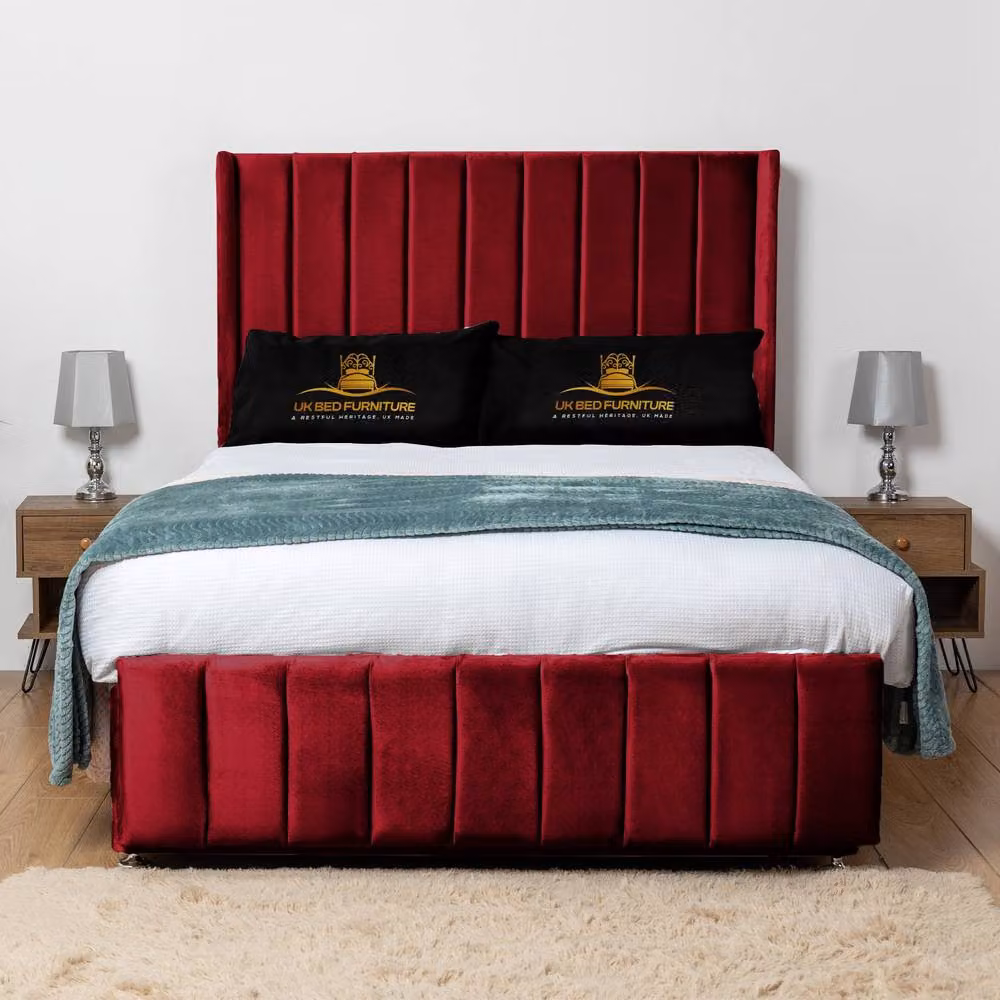 UK Bed Furniture Arizona Wingback Divan Bed with 54 Inch Headboard and 2 Drawers, Red Velvet, Double, W/D/H: 140 x 200 cm – 2