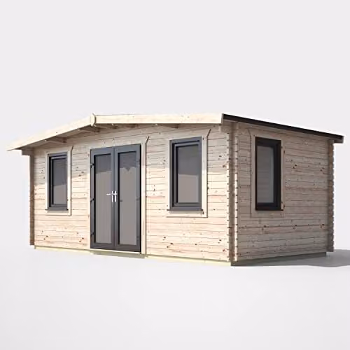 Powersheds Premium Apex Chalet Log Cabin with Double Doors and Toughened Glass, Anthracite and Brown, W: 558.96 cm, D: 366.6 cm, H: 249 cm