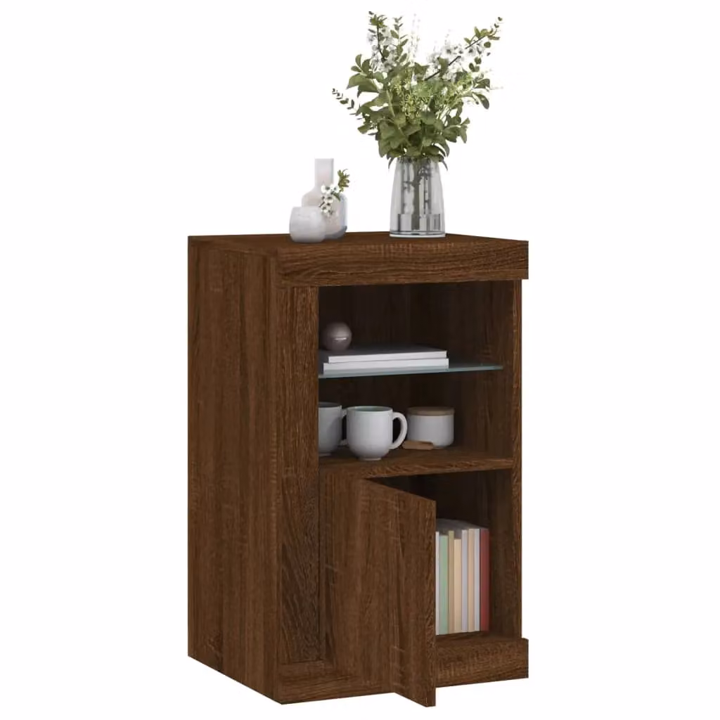 Berkfield Home Modern Side Cabinet in Brown Oak with Integrated LED Lighting and Glass Doors – 3