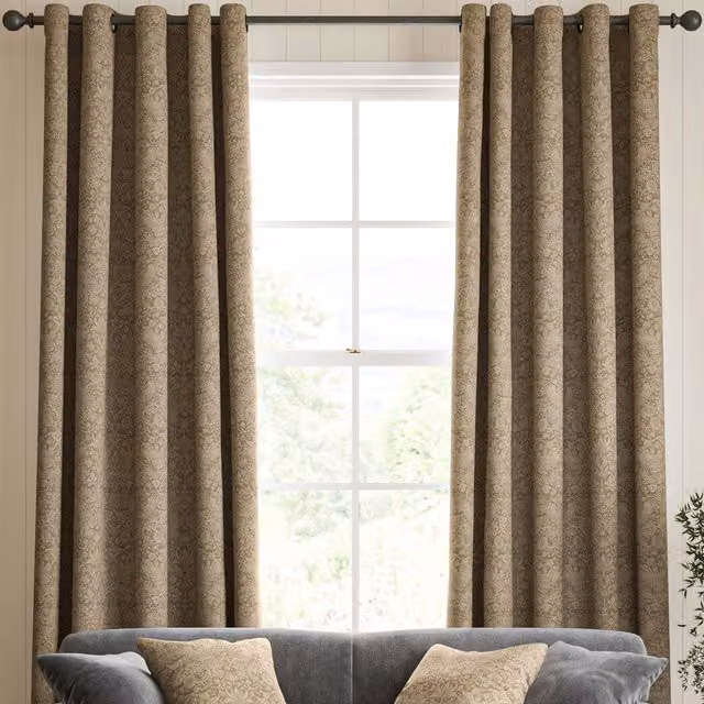 William Morris At Home Strawberry Thief Woven Made to Measure Blackout Eyelet Curtains in Brown and Sand