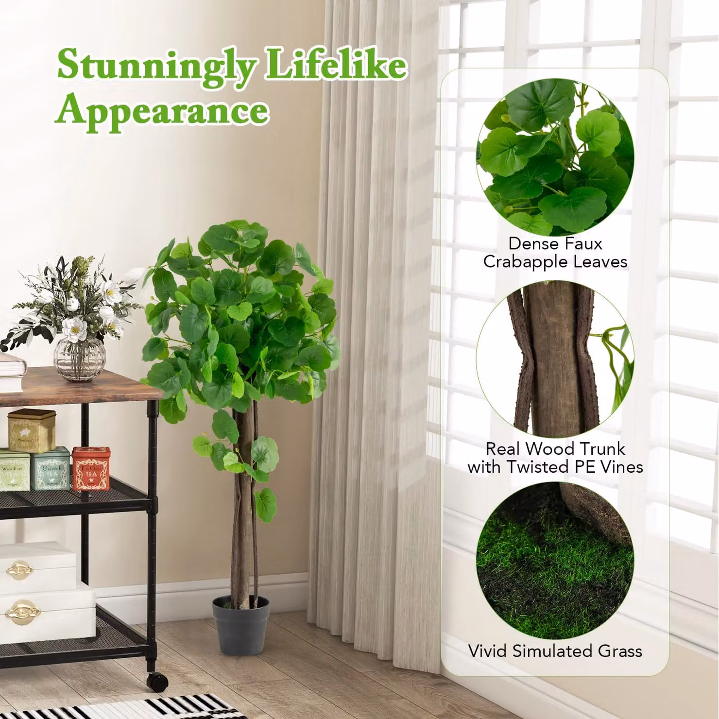 Costway Artificial Crabapple Tree Potted Floor Plant in Green – 4