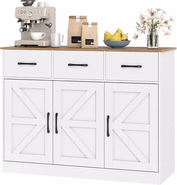Gymax Farmhouse Large Sideboard Storage Cabinet with Drawers in White