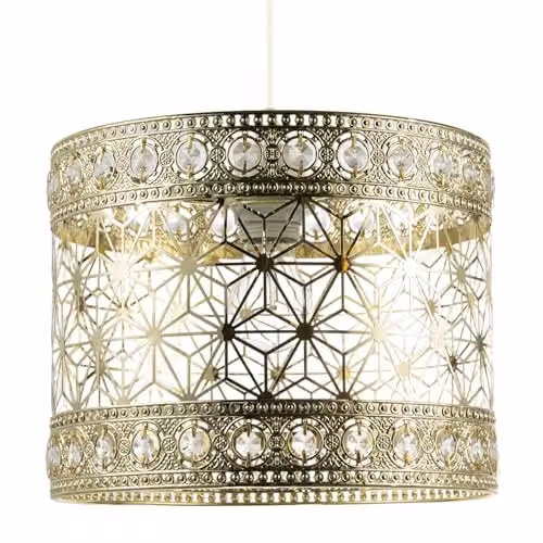 Happy Homewares Moroccan Ceiling Pendant Light Shade in Gold and Transparent with Acrylic Beads, W/D/H: 28 x 28 x 22 cm