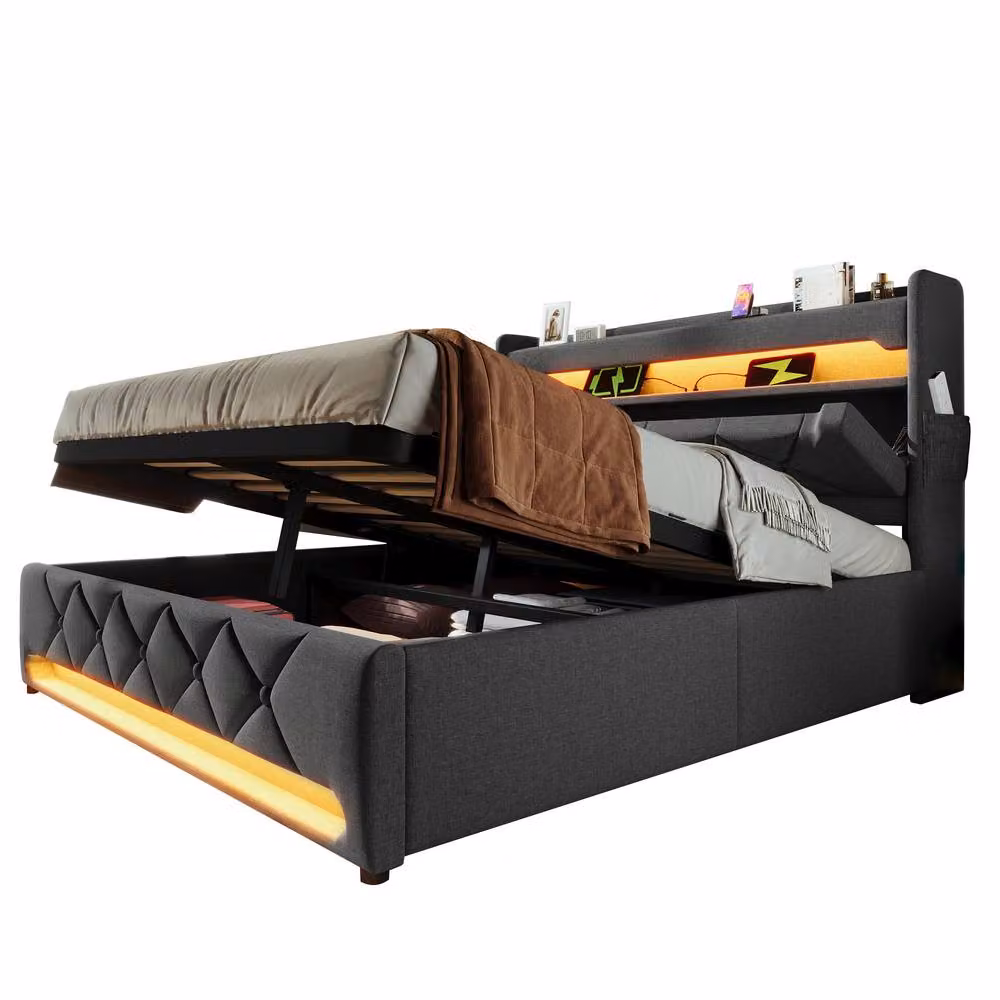 Merax Grey Upholstered Double Bed with Hydraulic Storage, LED Lighting and USB Charging Ports, W/D/H: 140 x 200 x 156 cm – 6