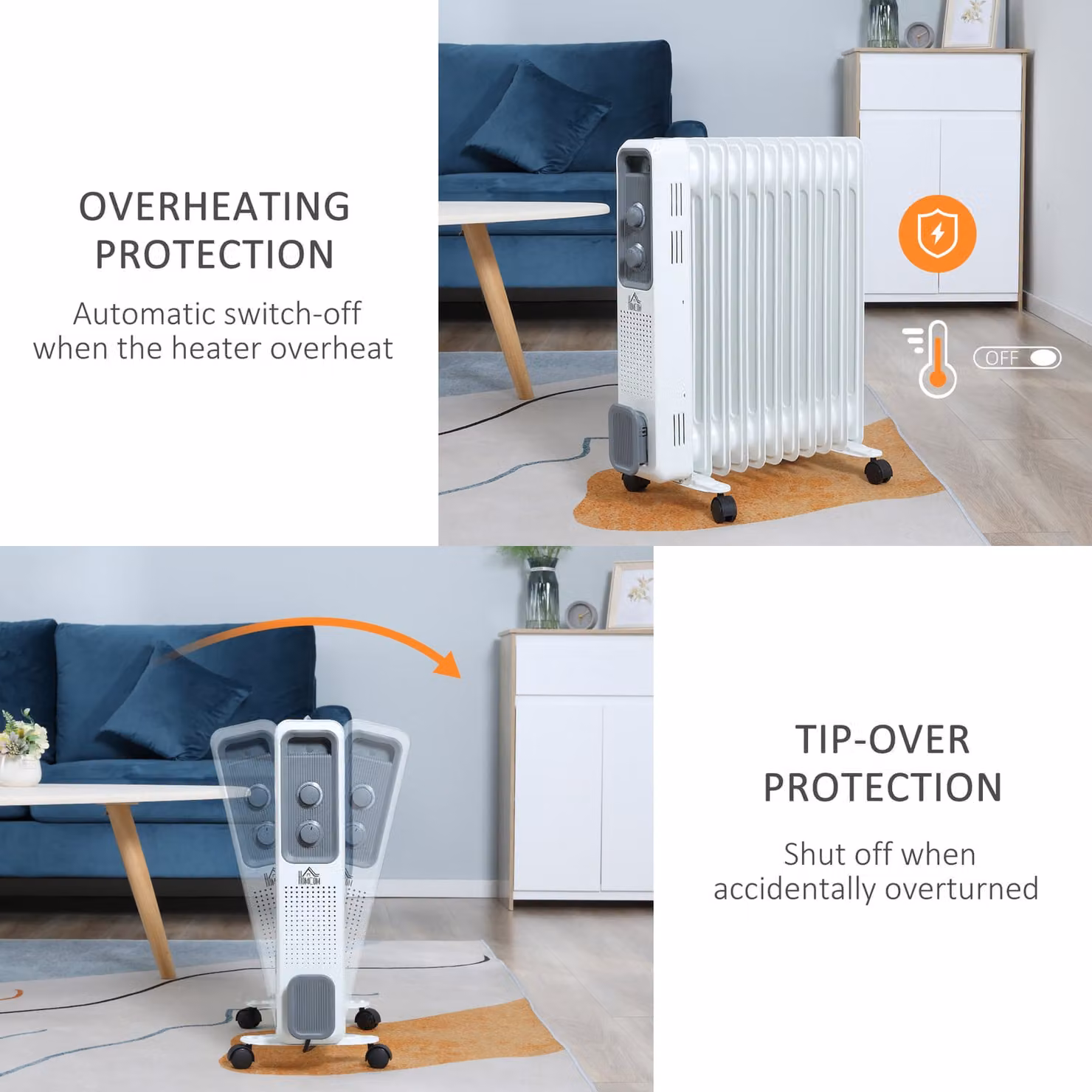 HOMCOM 2720W White Oil Filled Radiator, Portable Freestanding Electric Heater with 3 Heat Settings, Adjustable Thermostat and Safety Protections – 3
