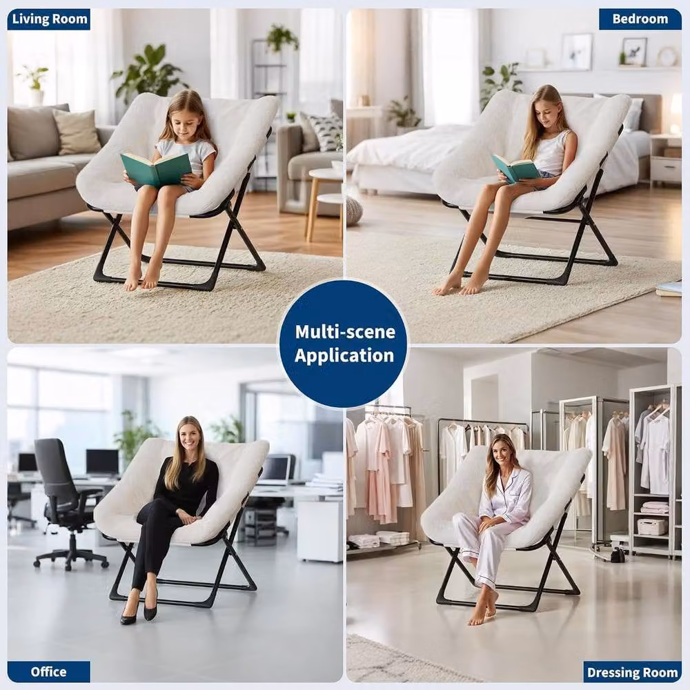 London Boutique Off-White Bouclé Folding Saucer Lounge Chair with Ottoman and Metal Frame – 4