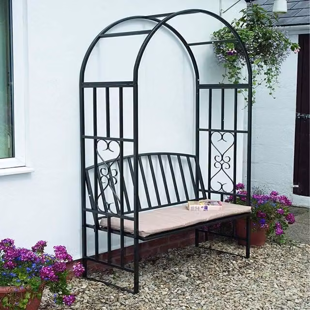 Gr8 Garden Black Metal Rose Arch Trellis Pergola Arbour with Bench