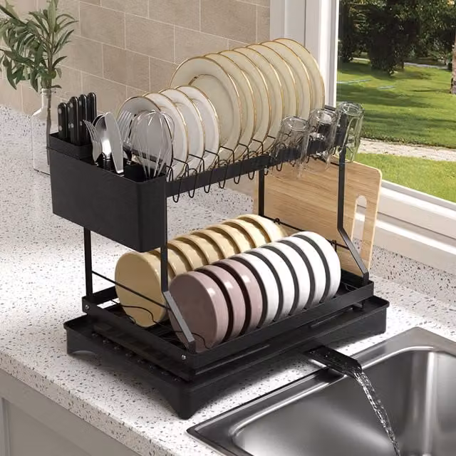 Lifeideas 2-Tier Carbon Steel Dish Drainer with Cup and Cutlery Holder, Black