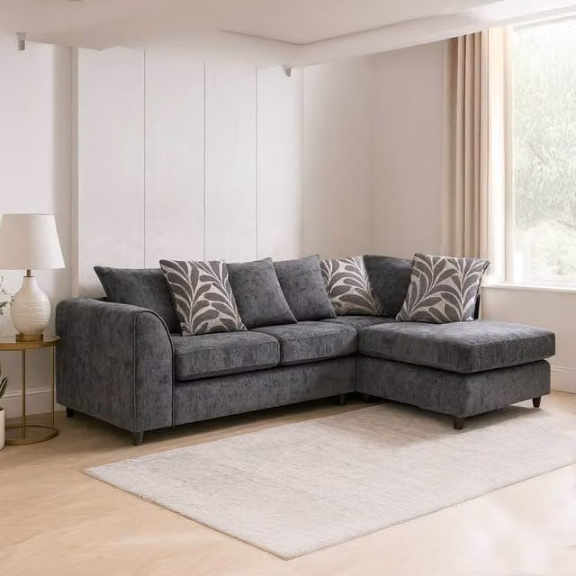 Furnishings For Less UK Zina Grey Chenille Fabric L-Shaped Corner Sofa, 3-4 Seater, Right Hand Facing – 1