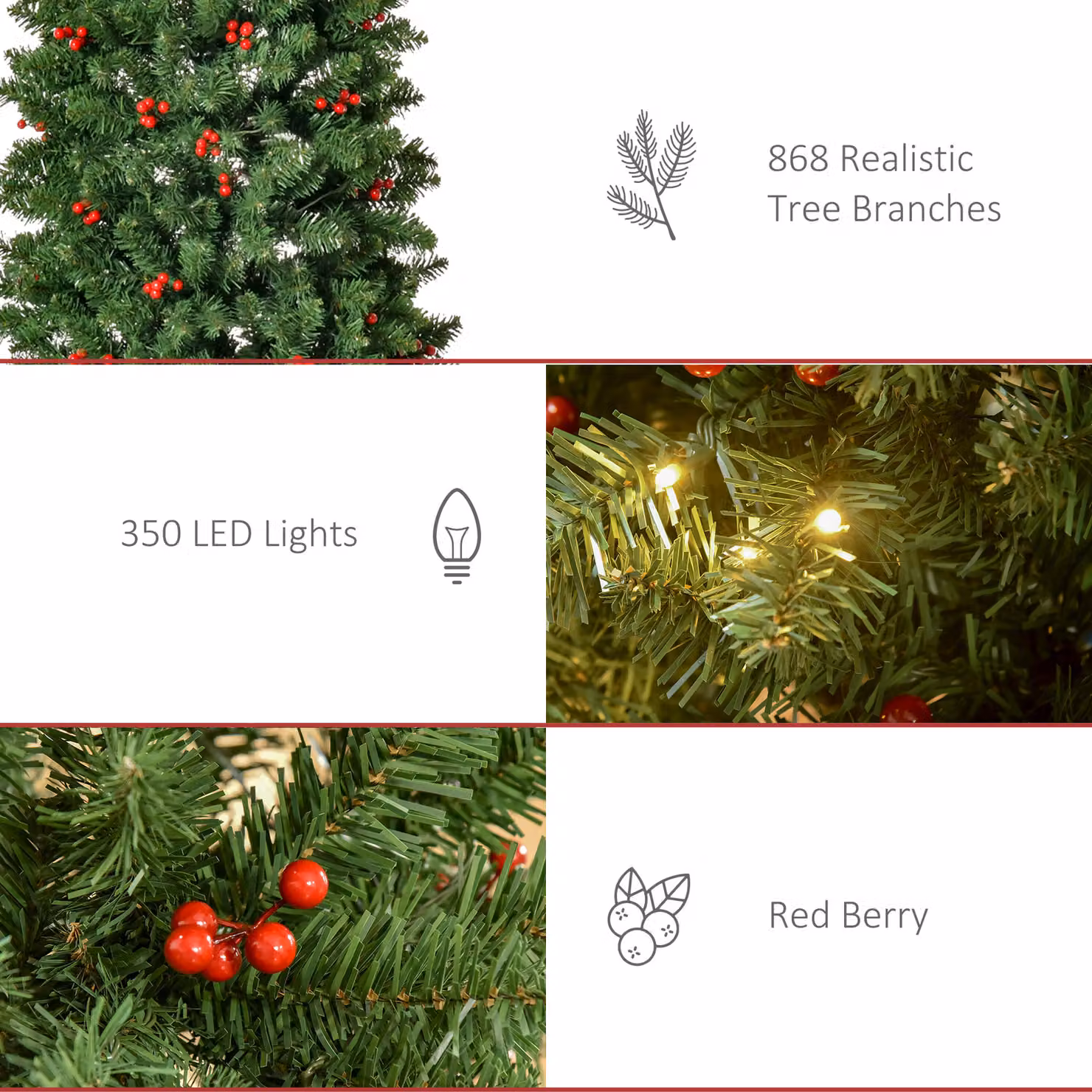 HOMCOM 7ft Prelit Artificial Pencil Christmas Tree with Warm White LED Lights and Red Berries in Green – 6