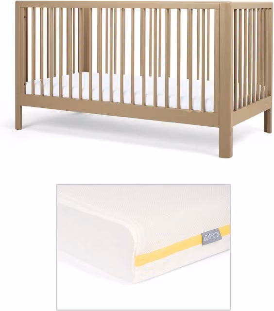 Mamas & Papas Arbor Cotbed and Essential Airflow Fibre Mattress Bundle, Brown