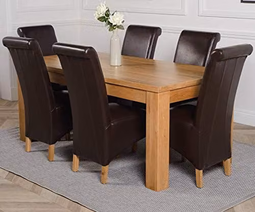 Thats Furniture Dakota Oak Dining Table and 6 Montana Brown Leather Chairs Set, W: 182 cm, D: 92 cm, H: 77 cm