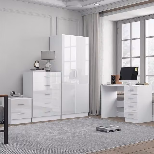REFLECT Furniture Bundle including 2-Door Wardrobe, Chest of Drawers, Bedside Table and Desk in White Gloss and Matt White